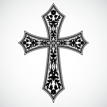 Black White Floral Ornament Cross / Vector Illustration