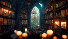 AI Generated Image Of A Large Ancient Library With High Gothic Arches, Stained Glass Windows, Vintage Wooden Furniture And Magical Lights 