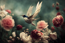 Delicate Painting With A Bird Landing On The Flowers. Pastel Tones. Blurred Background. Digital Art.