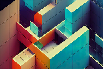 Canvas Print - 3D rendering of a very modern upscale Black building, Abstract 3D constructions on Cyan and orange haze Futuristic, 3D Rendering illustration.