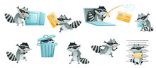 Raccoon Burglar With Striped Tail Wearing Mask Stealing And Hacking Vector Set