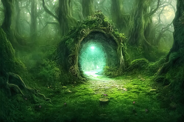 Poster - Magic teleport portal in mystic fairy tale forest. Gate to parallel fantasy world. 3D illustration.