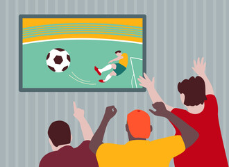 People fans watching soccer match on tv. Flat vector stock illustration with football players on TV.Vector illustration.