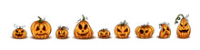Set Of Orange Halloween Pumpkins, Different Types Of Cartoon Pumpkins. Scary Halloween Pumpkin Faces. Vector Illustration