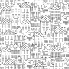  Seamless pattern with doodle style houses. Vector illustration in black and white for scrapbooking, wrapping paper, fabric, textile.