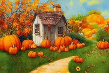 Cute Small Cottage With Autumn Decorations Of Pumpkins, Sunflower, Apples, Leaves, Berries And Birds Robin. Watercolor Isolated Illustration For Invitation Or Greeting Cards On Thanksgiving Day.