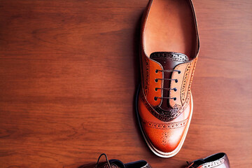 Wall Mural - Men's hands tie their shoelaces on leather brown shoes on a red wooden background. Beautiful photo of men's stylish handmade shoes