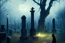 Halloween Cemetery With Black Cat - Tombstones, Fog, Trees And The Moon In The Background
