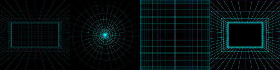 Wall Mural - Set of Abstract Futuristic Backgrounds with Grid . Vector Dark Modern Illustration with Neon Lines