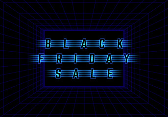 Poster - Black Friday Design with Neon Light Frame. Neon Text on Dark Background with Glowing Grid. Vector Advertising Illustration