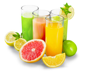 Canvas Print - Tasty fruits  and juice with vitamins on background