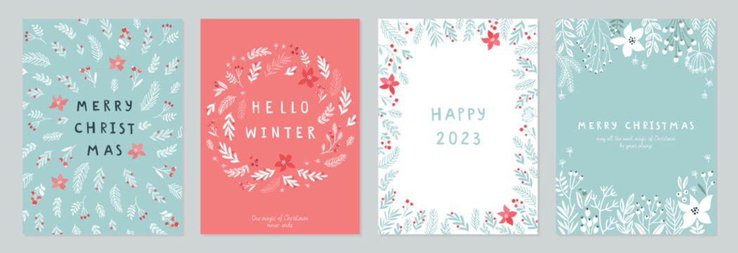 Fototapete - Christmas card set - hand drawn floral flyers. Lettering with christmas decorative elements.
