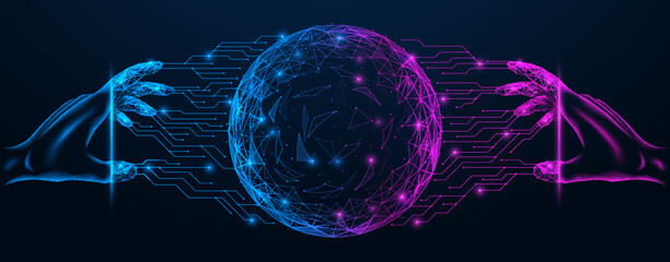 Joining a virtual global network. Connecting to the metaverse. Polygonal design of interconnected lines and points.
