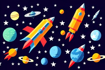 Sticker - 2d Illustration Of Space. Space flat 2d background with rocket, spaceship, moon, Jupiter, satellite, astronaut, planets and stars.