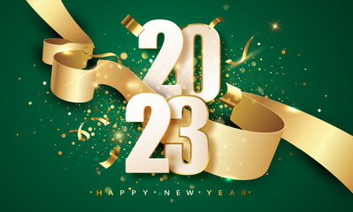 Wall Mural - 2023 green happy new year vector background with golden ribbon, confetti. christmas celebrate design