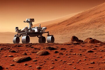 3D rendering of a Mars exploration rover moving on the planet