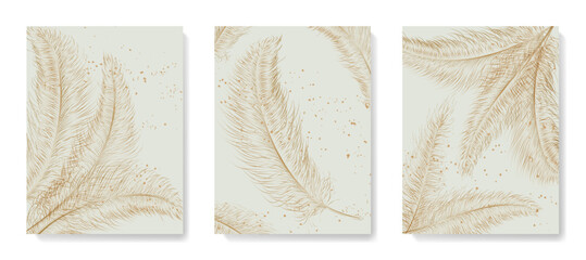 Art background with golden feathers in art line style. Set of hand drawn vector posters for decoration, print wallpaper, packaging, interior design.