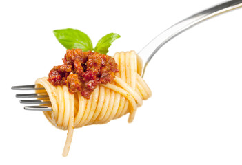 Wall Mural - Spaghetti on fork with tomato sauce and parsley