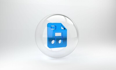 Blue MP3 file document. Download mp3 button icon isolated on grey background. Mp3 music format sign. MP3 file symbol. Glass circle button. 3D render illustration