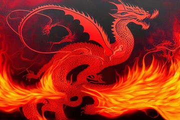 Wall Mural - Abstract Illustration of Infuriated Dragon with Fire Flames in Red Color on Black Background for Design