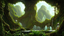 Wild Jungle Forest. Fantasy Forest Landscape. 3D Illustration