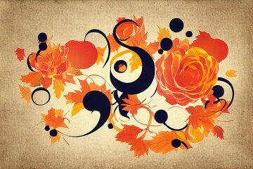 Poster - Thanksgiving abstract background with orange florals. Handwritten modern calligraphy lettering. Holiday template for greeting card, invitation, banner, etc.