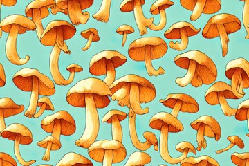 Seamless watercolor pattern on the theme of autumn with various mushrooms chanterelles porcini boletus other mushrooms fern leaves twigs and flowers for your design in high quality