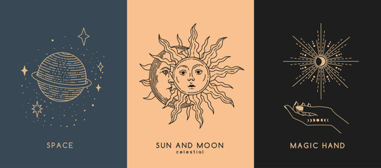 Wall Mural - Set of linear vector illustrations. Hand drawn celestial illustrations depicting sun, moon, planet. design elements for decoration in a modern style. magical drawings. mystical cards