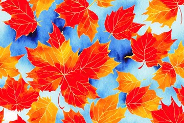 Wall Mural - Watercolor pattern golden autumn leaves autumn yellow orange red leaf fall