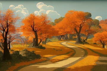 Wall Mural - Orange grass road and trees in autumn Autumn landscape with forest fields and rocks on the horizon 3D illustration