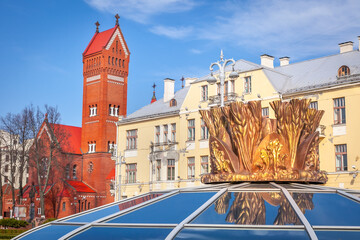 Wall Mural - Red Church and fountain on the Independence Square, Minsk, Belarus