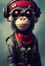 Portrait Of A Brutal Monkey Pirate. Medieval Pirate Monkey In A Vintage Costume Against A Forest Background. 3D Rendering.