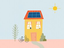 Cute House And  Bicycle  Illustration