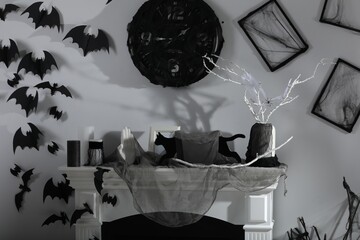 Wall Mural - Stylish room with fireplace decorated for Halloween