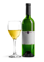 Wall Mural - White wine bottle and glass on white background