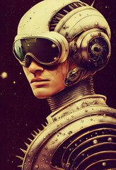 Wall Mural - A fictional person, not based on a real person. Abstract portrait of a fantasy steampunk man. High-tech futuristic man. Concept of virtual reality and steampunk. 3D rendering.