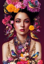 A Fictional Person, Not Based On A Real Person. Abstract Colorful Portrait Of A Beautiful Girl With Flowers. Fashionable Cute Woman. Creative Beautiful Girl. 3d Rendering
