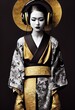 A fictional person, not based on a real person. A young beautiful geisha in a kimono and headphones. Portrait of a beautiful geisha in a black and gold kimono. 3D rendering.