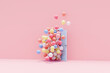© Pixel Stories/Stocksy - 3D render of colorful balloons floating through blue door