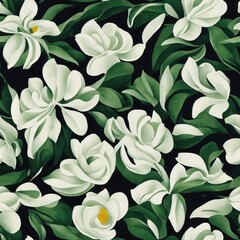 Wall Mural - Painting of Gardenia Flowers with green leaves - Seamless Pattern