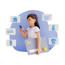Woman Doing Online Shopping Using Credit Card, 3d Character Illustration