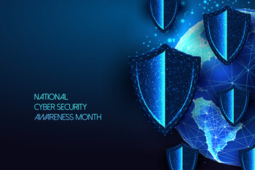 Wall Mural - national cyber security awareness month digital web banner with protective shields and planet earth