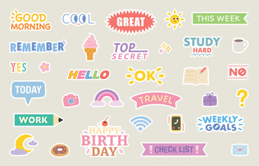 Wall Mural - Cute diary sticker design set. flat vector illustration.