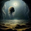 Ai generated illustration of a woman's head in a cave in front of the ocean - concept of loneliness