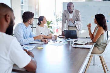 Poster - Black man, speaker and laptop presentation in business meeting, strategy planning and digital marketing global office boardroom. Talking manager, mentor and leadership technology in teamwork training
