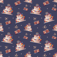 Wall Mural - Seamless pattern with Birthday cake. Birthday party, celebration, holiday, event, festive concept.Vector illustration. Perfect for product design, wallpaper, wrapping paper.