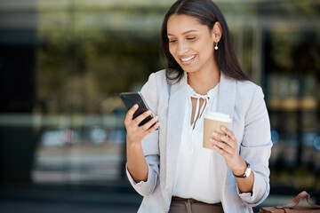 Canvas Print - Business woman, coffee and phone outside on city street with 5g network for communication, good news and mobile app to read message. Happy female outside on smartphone for networking on internet