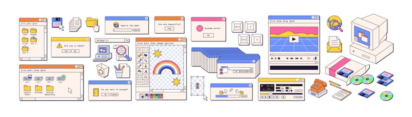 Wall Mural - retro user interface elements in vaporwave aesthetic, 90s, 00s style. old ui design of dialogue wind