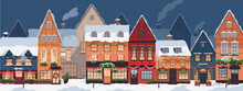 Winter City With Houses In Snow, Decorated For Christmas. Empty Street Of Europe Town With Home Buildings, Lights In Windows On Holiday Evening. European Cityscape Panorama. Flat Vector Illustration