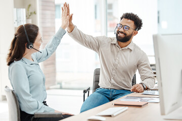 Call center, high five and team for telemarketing sales, company target achievement or b2b success goal celebration. Virtual customer service advisor teamwork hand sign for office support motivation